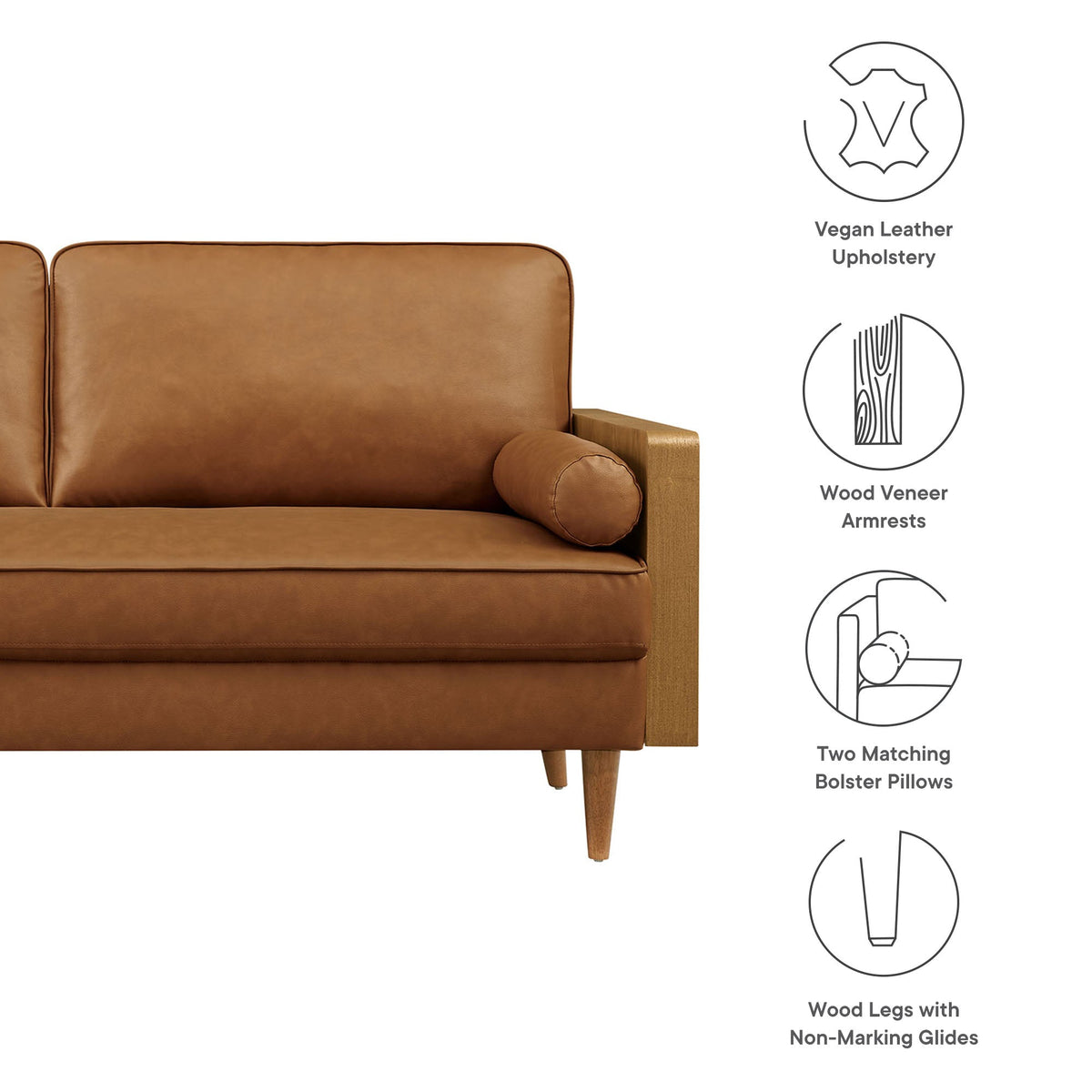 Kellan vegan leather sofa tan with wood arms and legs Modway HouseOfZazla on Tampa Home & Garden Store
