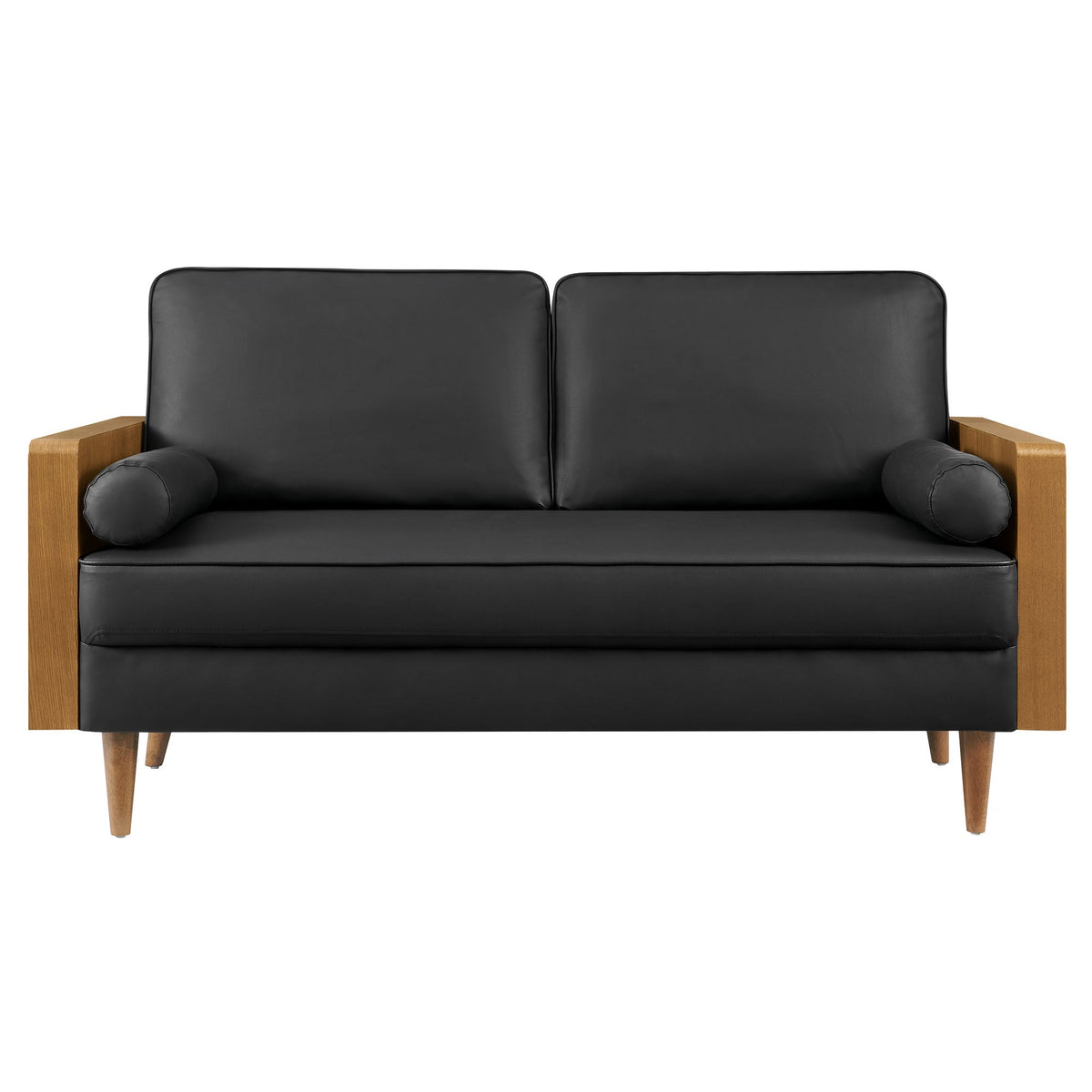 Kellan vegan leather loveseat, black with wood armrests and tapered wooden legs on Tampa Home & Garden Store