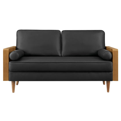 Kellan vegan leather loveseat, black with wood armrests and tapered wooden legs on Tampa Home & Garden Store