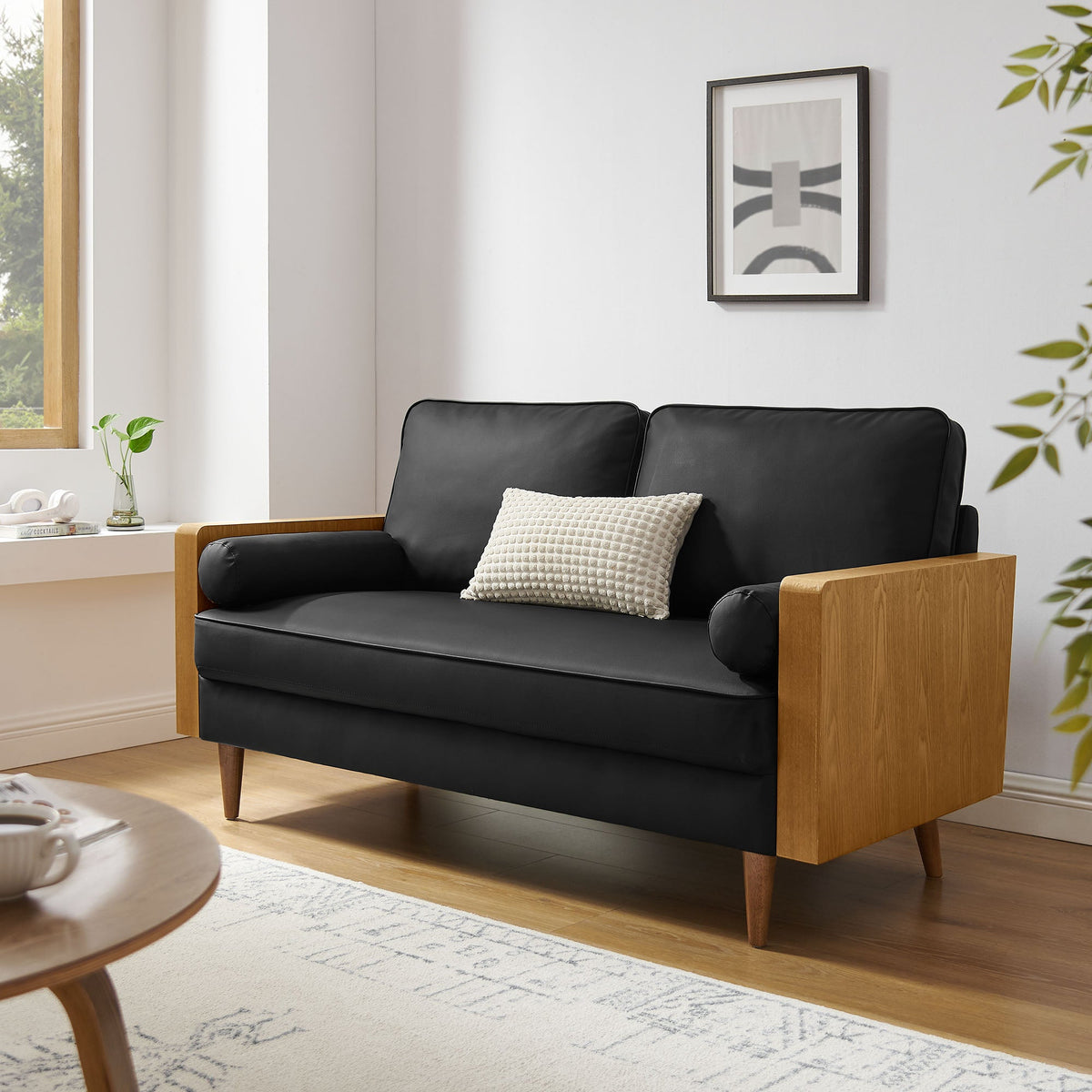 Kellan vegan leather loveseat by Modway, black wood frame on Tampa Home & Garden Store