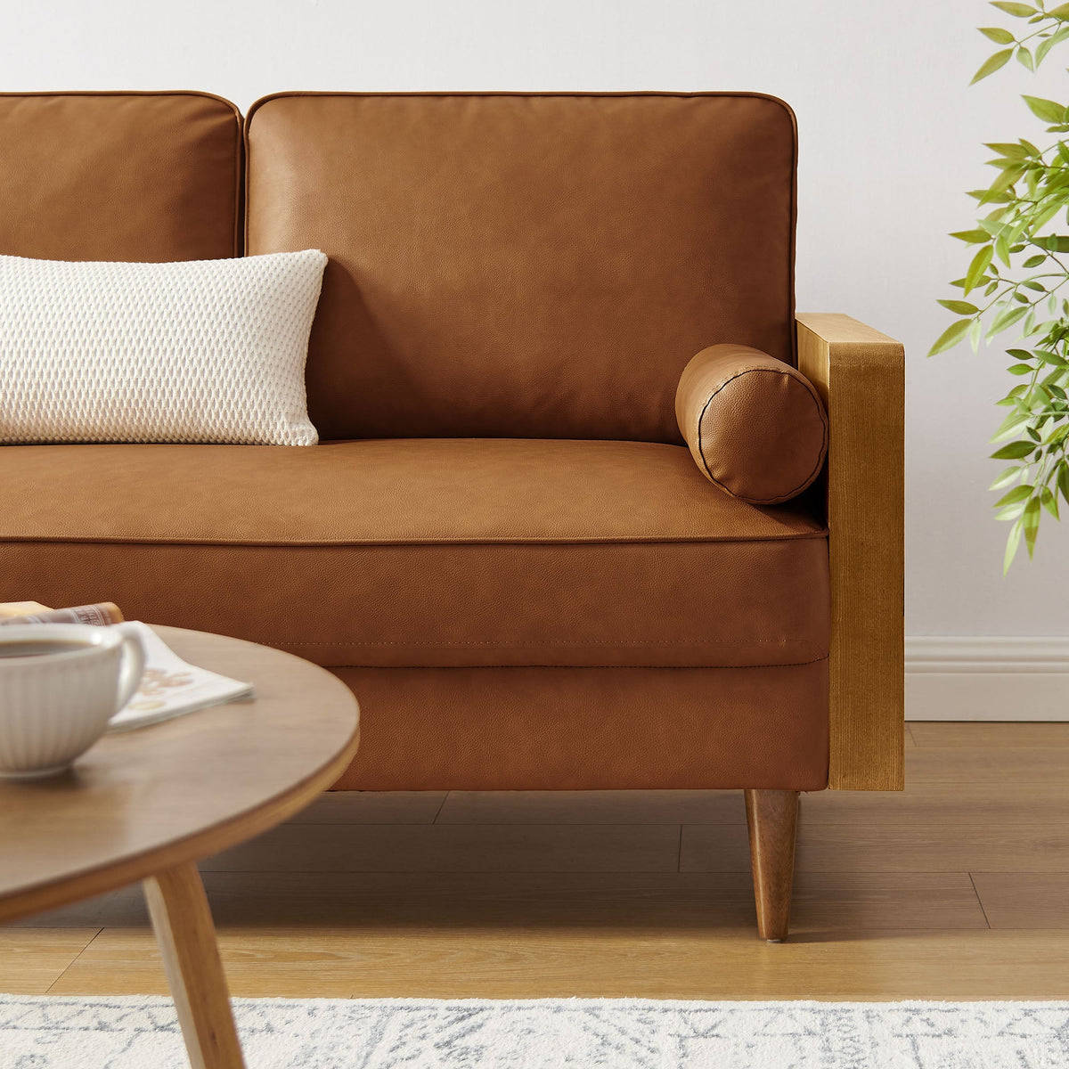 Kellan vegan leather loveseat by Modway tan brown with wood frame and white knit pillow on Tampa Home & Garden Store