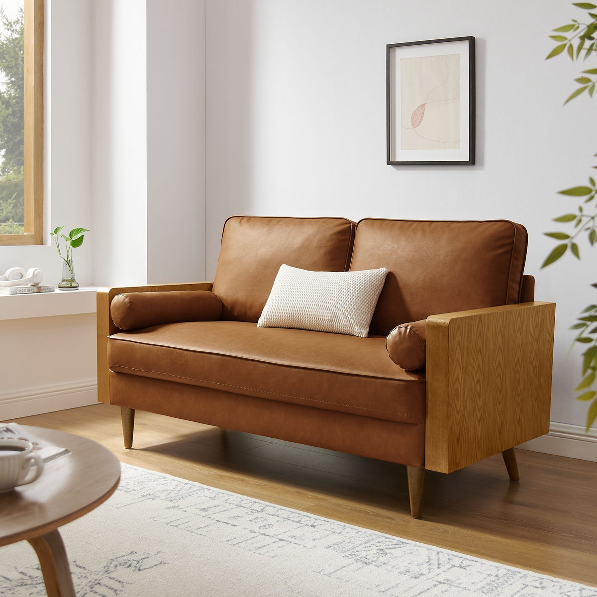 Kellan vegan leather loveseat by Modway, brown upholstery with exposed light wood frame on Tampa Home & Garden Store