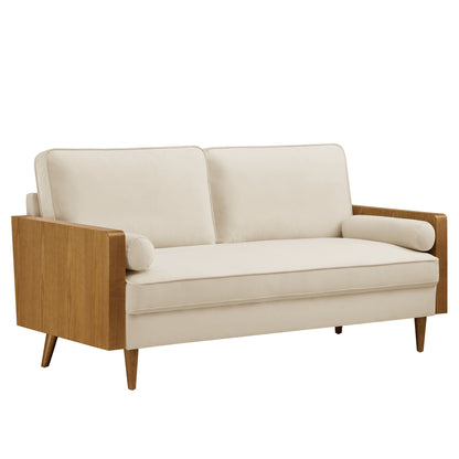 Kellan Performance Velvet Sofa cream upholstery with warm wood frame and tapered legs on Tampa Home & Garden Store