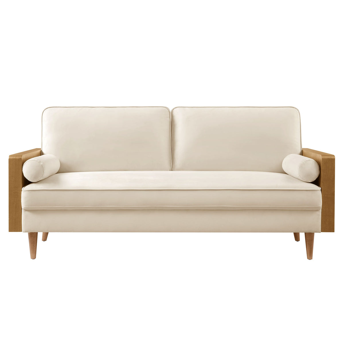 Kellan Performance Velvet Sofa with velvet upholstery and wood legs, 2 bolster pillows on Tampa Home & Garden Store