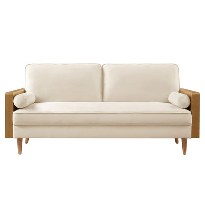 Kellan Performance Velvet Sofa with velvet upholstery and wood legs, 2 bolster pillows on Tampa Home & Garden Store