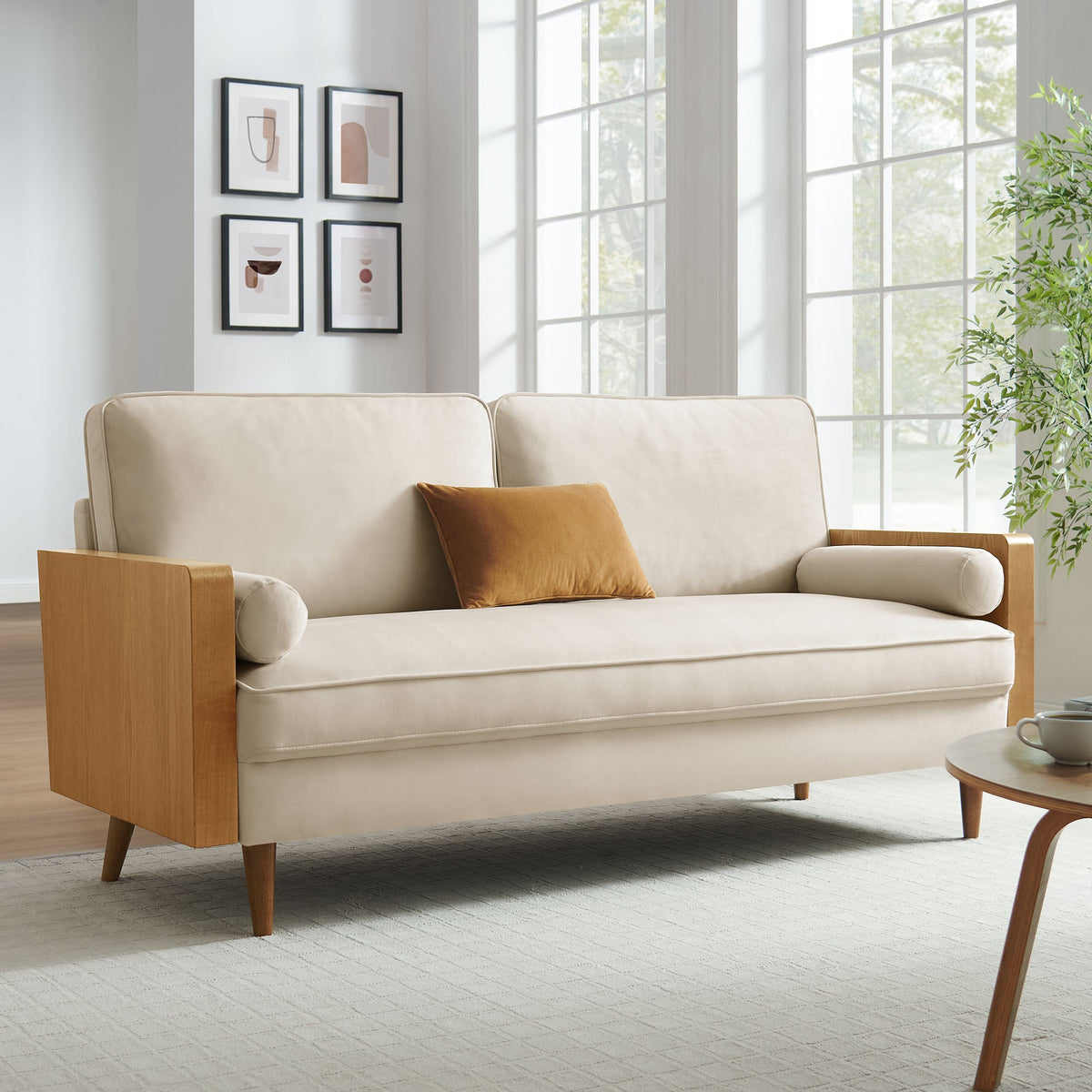 Kellan Performance Velvet Sofa by Modway, beige velvet with wood armrests on Tampa Home & Garden Store