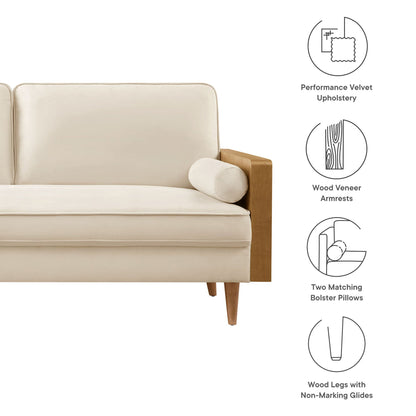 Kellan Performance Velvet Sofa by Modway cream velvet with wood veneer armrests and tapered legs on Tampa Home & Garden Store