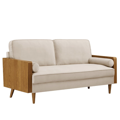 Kellan Performance Velvet Sofa beige velvet with oak wood frame and tapered legs on Tampa Home & Garden Store