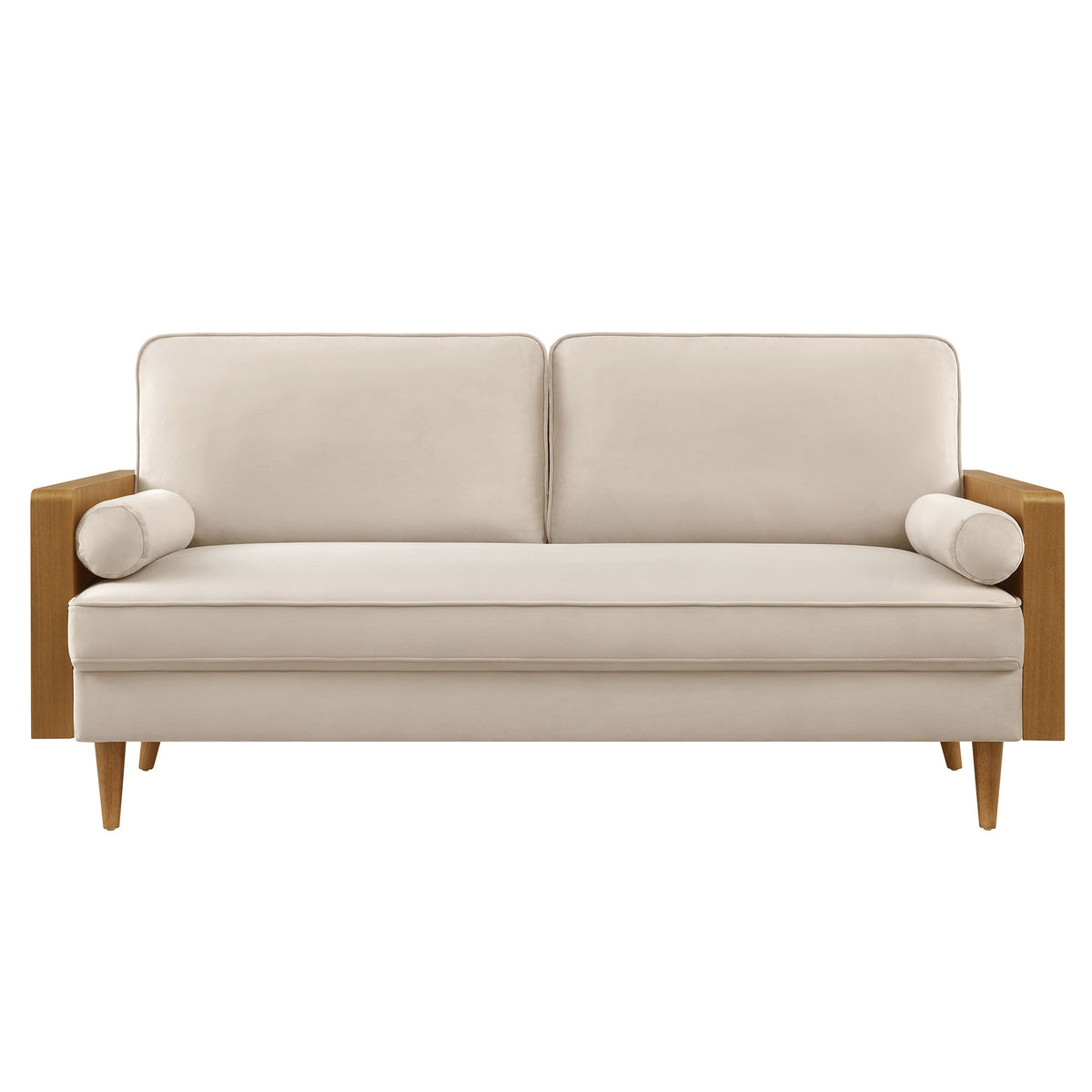 Kellan Performance Velvet Sofa beige velvet with wooden armrests by HouseOfZazla on Tampa Home & Garden Store