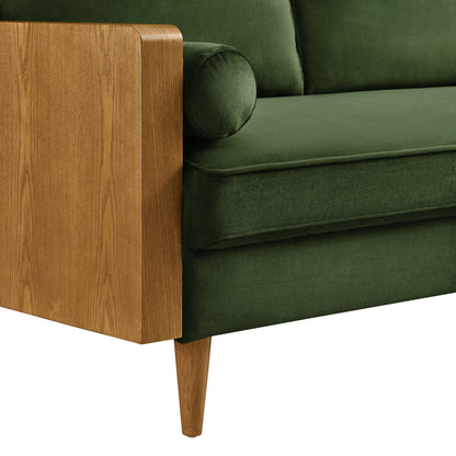 Kellan Performance Velvet Sofa by Modway, green velvet upholstery with wood arm and leg on Tampa Home & Garden Store
