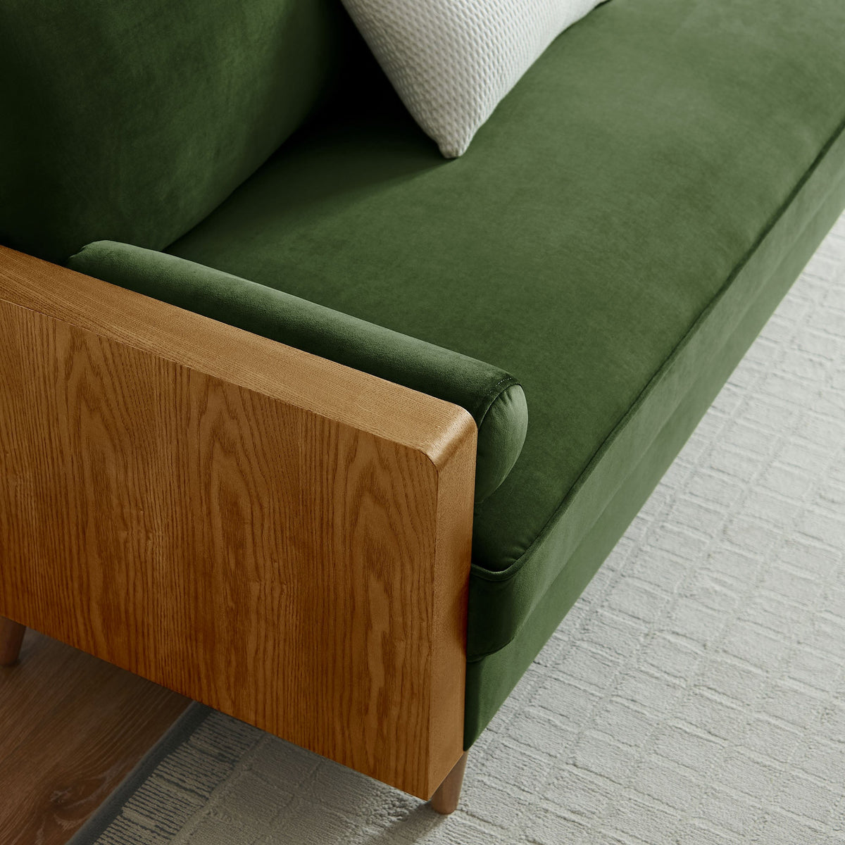 Kellan Performance Velvet Sofa green velvet with wood armrest on Tampa Home & Garden Store