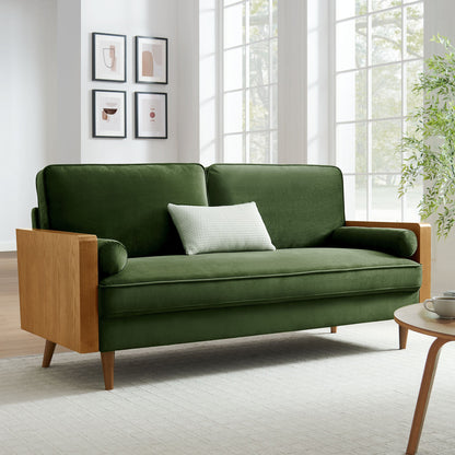 Kellan Performance Velvet Sofa by Modway, emerald green velvet with a light wood frame on Tampa Home & Garden Store