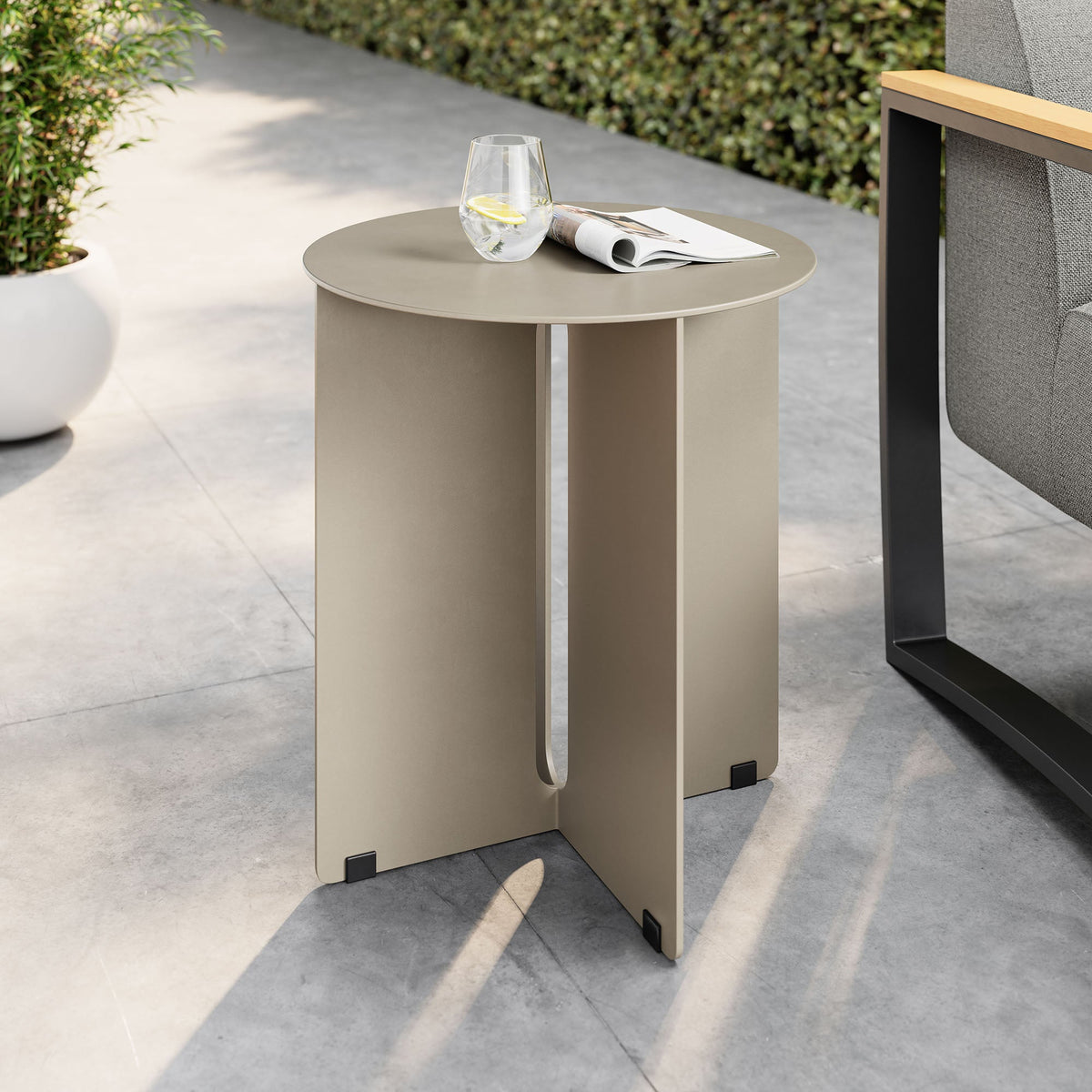 Tecton Outdoor Patio Aluminum Side Table beige finish by Modway with glass of lemon water on Tampa Home & Garden Store