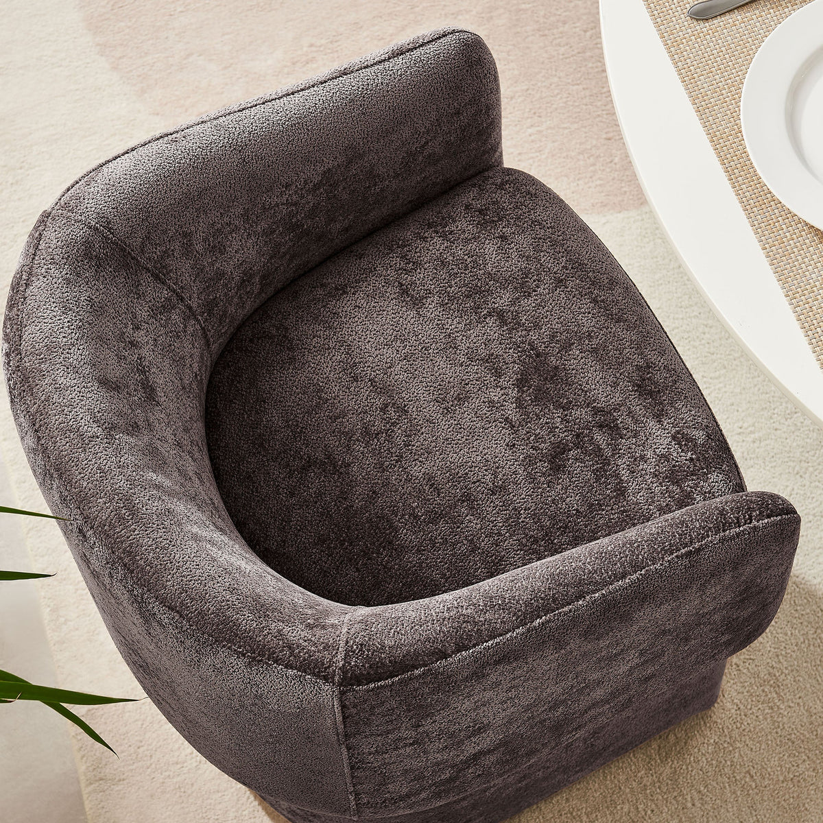 Verity Barrel Back Chenille Dining Armchair curved barrel back dark charcoal gray upholstery on Tampa Home & Garden Store