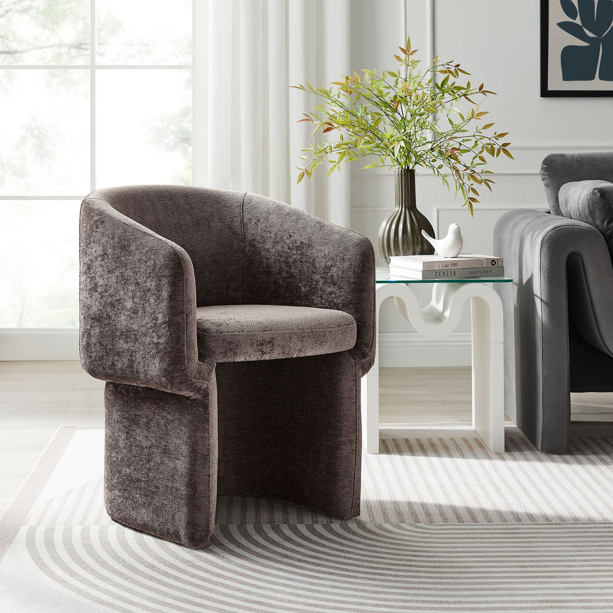 Verity Barrel Back Chenille Dining Armchairs, 2 shown in brown and gray in a modern living room on Tampa Home & Garden Store