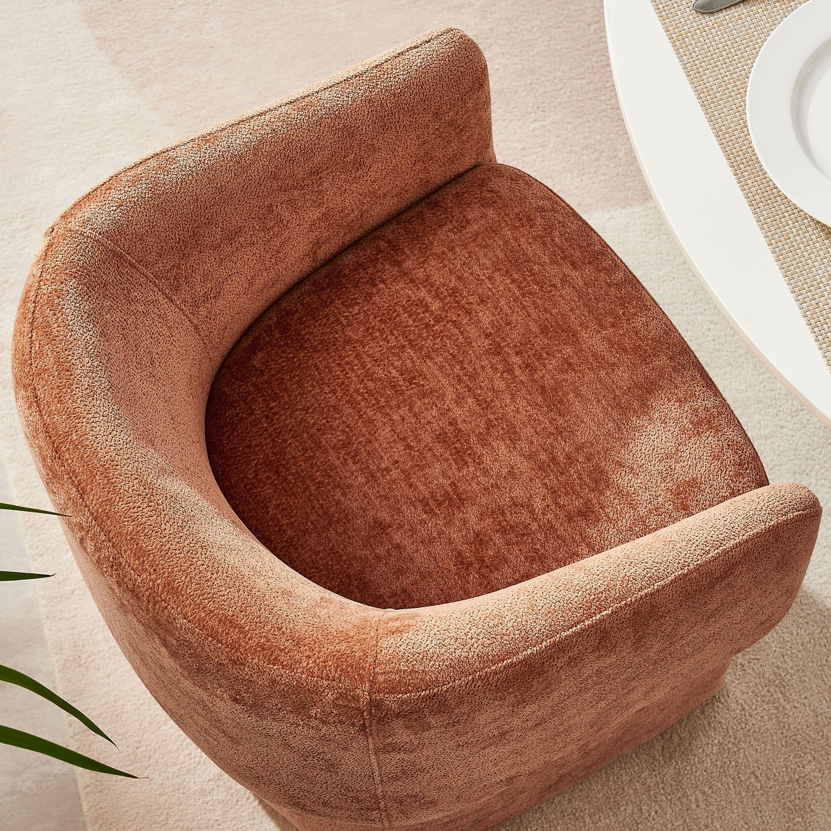 Verity Barrel Back Chenille Dining Armchair with warm rust upholstery on Tampa Home & Garden Store