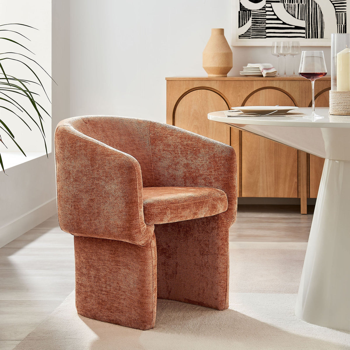 Verity Barrel Back Chenille Dining Armchair by Modway, rose upholstery in chic dining space on Tampa Home & Garden Store