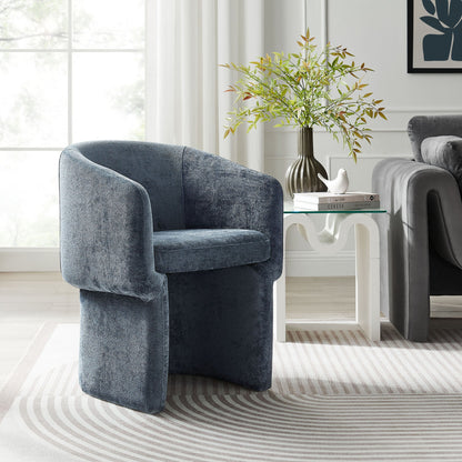 Verity Barrel Back Chenille Dining Armchair blue upholstery, pair in living room on Tampa Home & Garden Store
