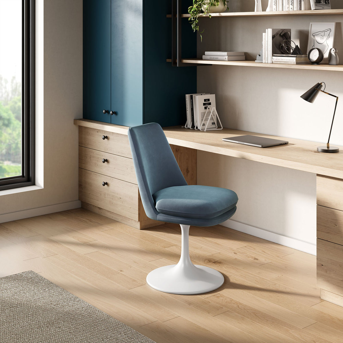 Lippa Swivel Dining Velvet Side Chair in blue with a white pedestal base in a modern home office on Tampa Home & Garden Store