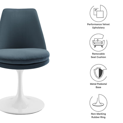 Lippa Swivel Dining Performance Velvet Side Chair blue upholstery with white pedestal base on Tampa Home & Garden Store