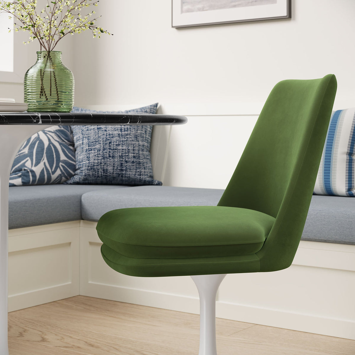 Lippa Swivel Dining Chair in green velvet with white pedestal base by Modway on Tampa Home & Garden Store