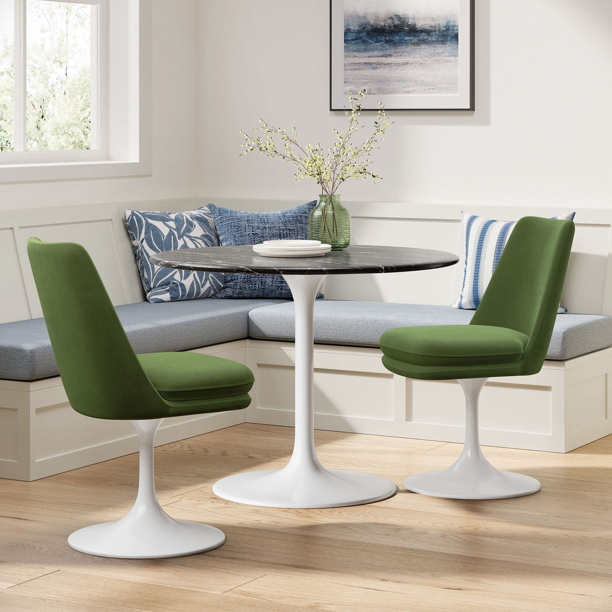 Lippa Swivel Dining Performance Velvet Side Chair by Modway green velvet with white tulip base on Tampa Home & Garden Store