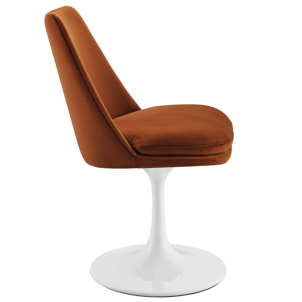 Lippa Swivel Dining Chair in burnt orange performance velvet with white tulip base on Tampa Home & Garden Store