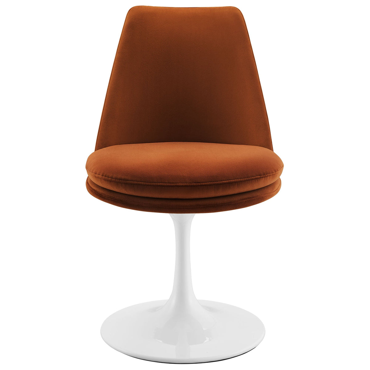 Lippa Swivel Dining Chair in rust orange performance velvet with white pedestal base on Tampa Home & Garden Store