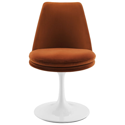 Lippa Swivel Dining Chair in rust orange performance velvet with white pedestal base on Tampa Home & Garden Store
