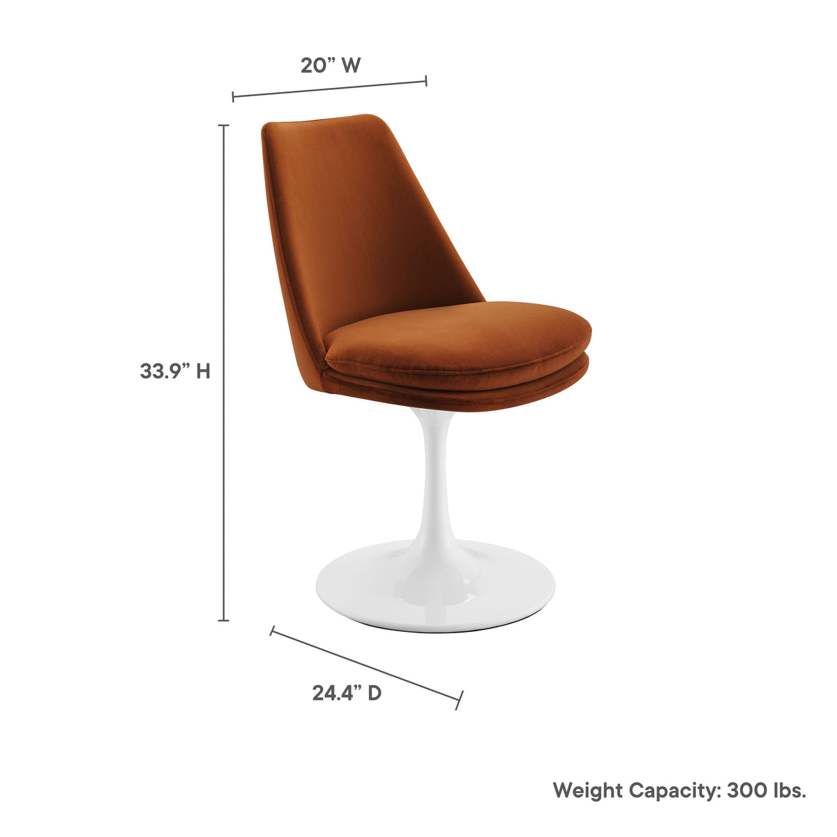 Lippa Swivel Dining Performance Velvet Side Chair in orange velvet with a white tulip base on Tampa Home & Garden Store