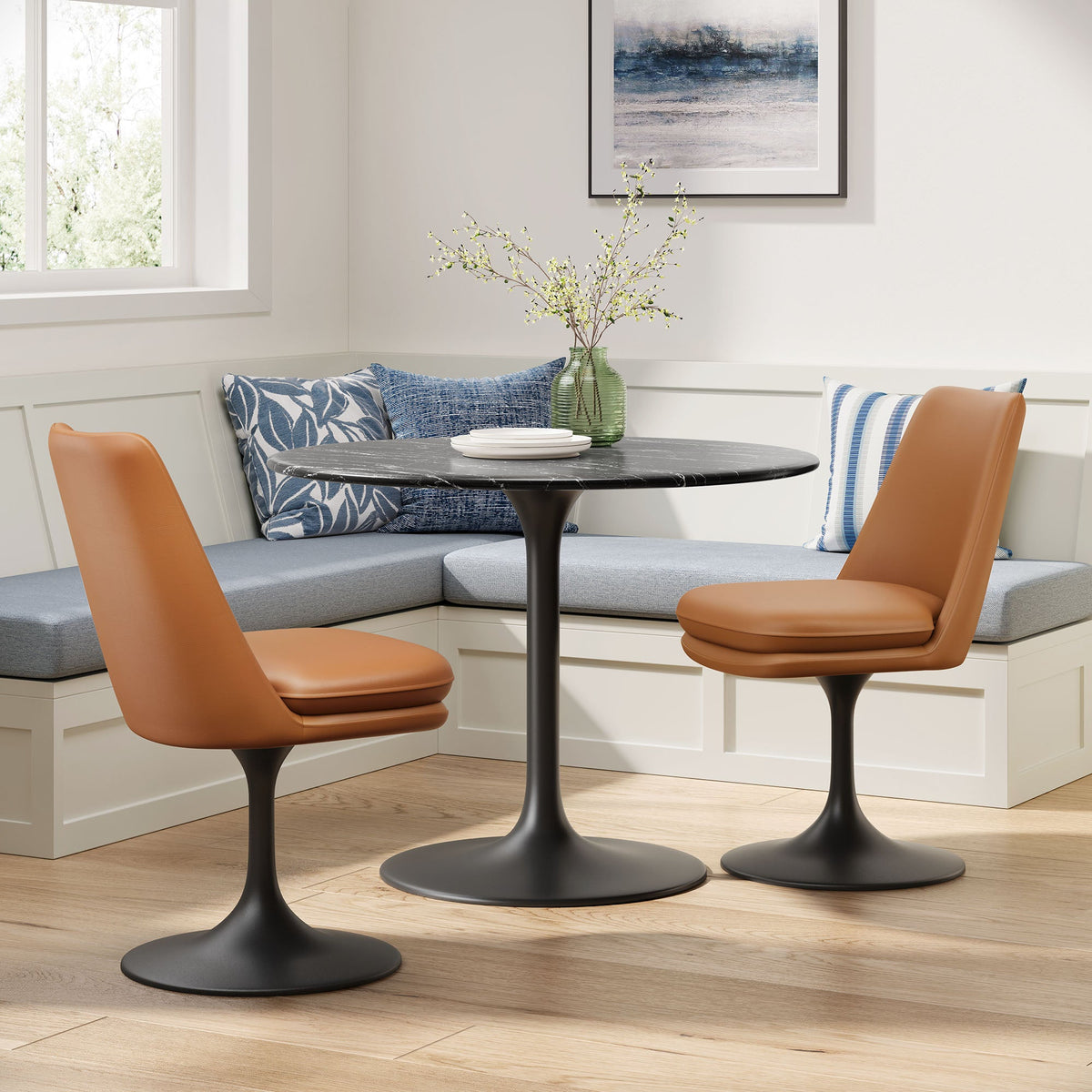Lippa Swivel Dining Vegan Leather Side Chairs by Modway, two tan chairs around a round table on Tampa Home & Garden Store