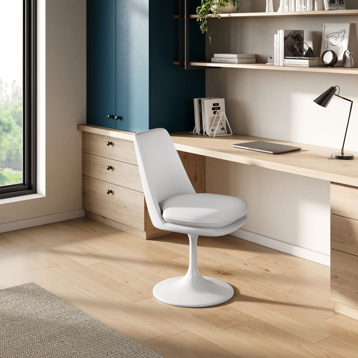 Lippa Swivel Dining Chair white vegan leather with pedestal base for a modern desk setup on Tampa Home & Garden Store