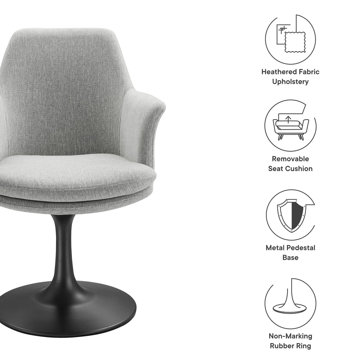 Lippa Swivel Dining Upholstered Armchair by Modway in gray fabric with black pedestal base on Tampa Home & Garden Store