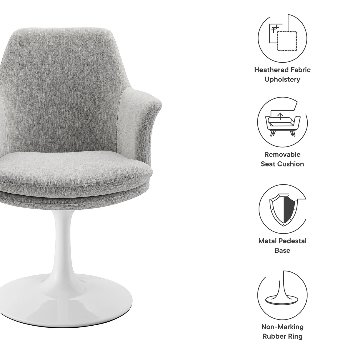 Lippa Swivel Upholstered Armchair in heathered gray fabric with white pedestal base by Modway on Tampa Home & Garden Store
