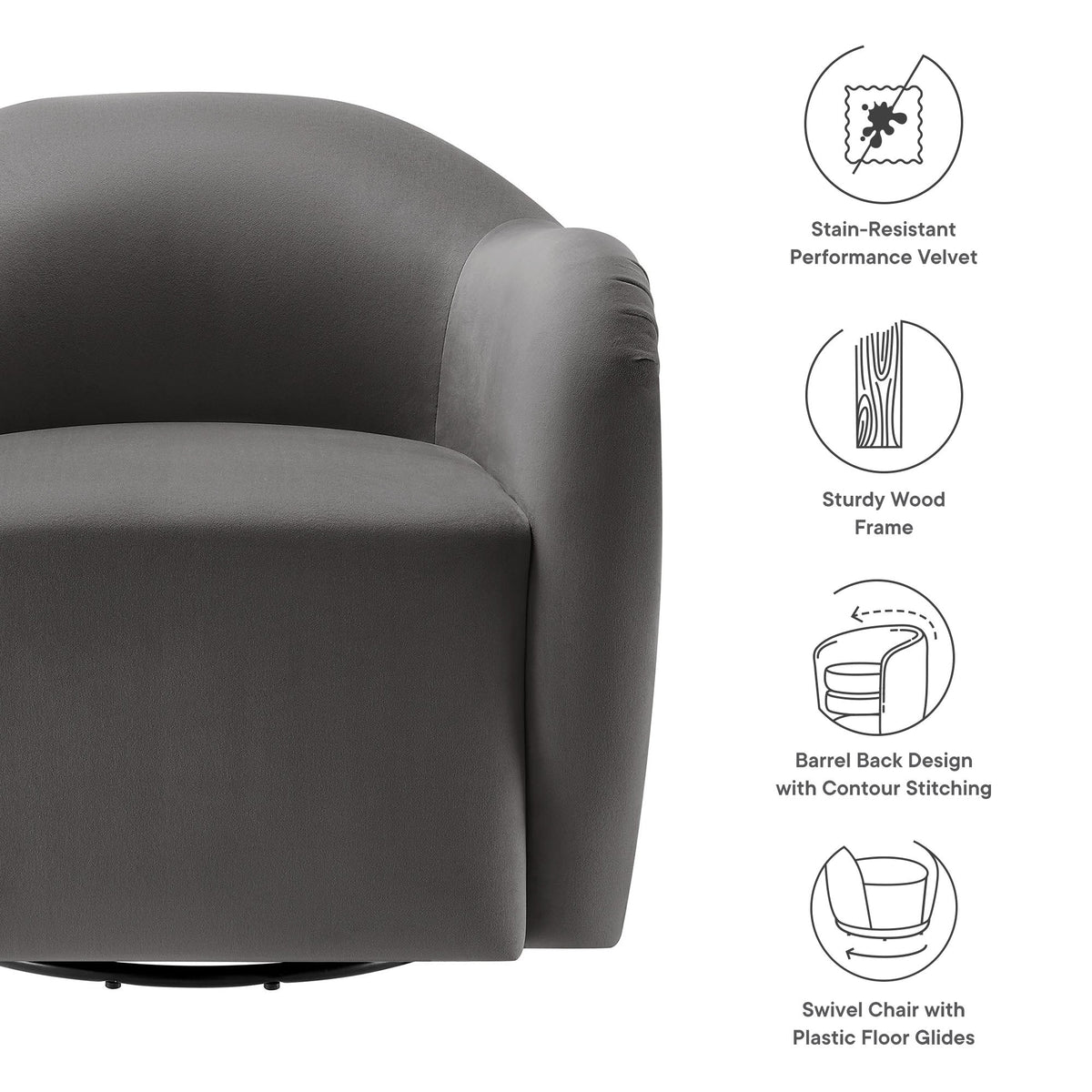 Compose Performance Velvet Swivel Armchair by Modway in charcoal gray velvet with barrel back design on Tampa Home & Garden Store