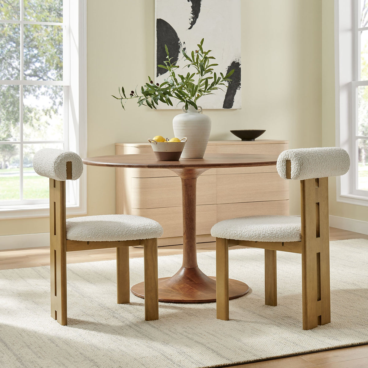 Torian Boucle Fabric Dining Chair set of 2 in ivory boucle with wood legs Modway on Tampa Home & Garden Store
