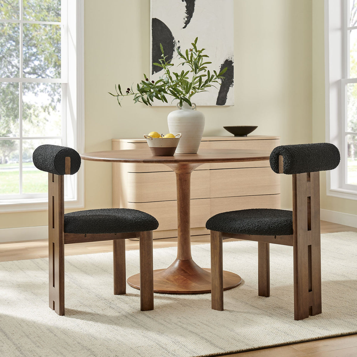 Torian Boucle Fabric Dining Chairs set of 2 by Modway, black boucle upholstery on wooden legs on Tampa Home & Garden Store