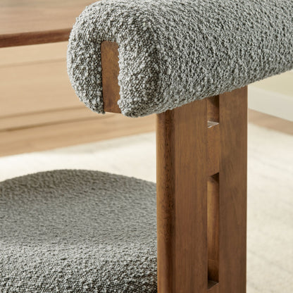 Torian Boucle Fabric Dining Chair close-up in gray boucle fabric with wooden legs on Tampa Home & Garden Store