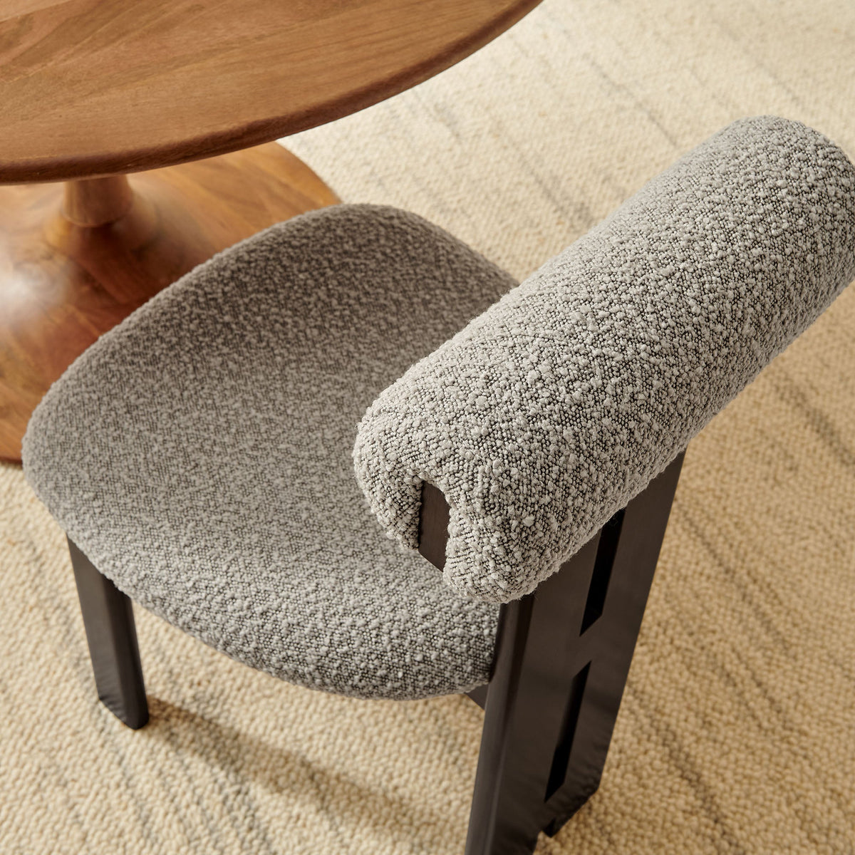 Torian Boucle Dining Chair set of 2 in gray boucle with dark wood legs on Tampa Home & Garden Store