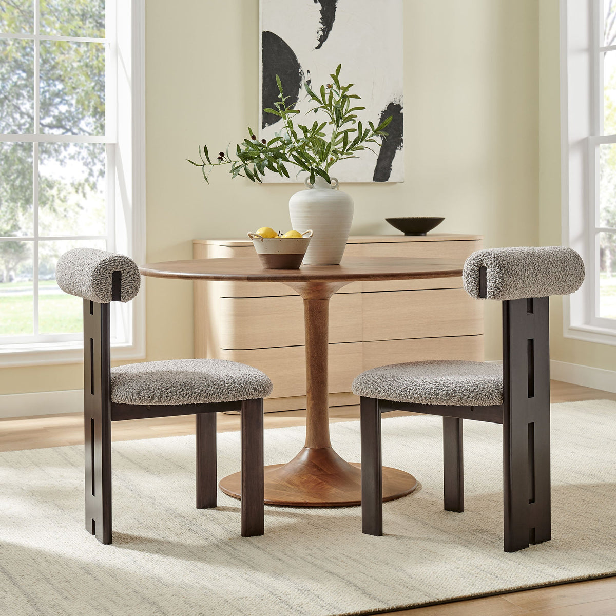 Torian Boucle Fabric Dining Chairs Set of 2 in gray boucle with dark wood legs on Tampa Home & Garden Store