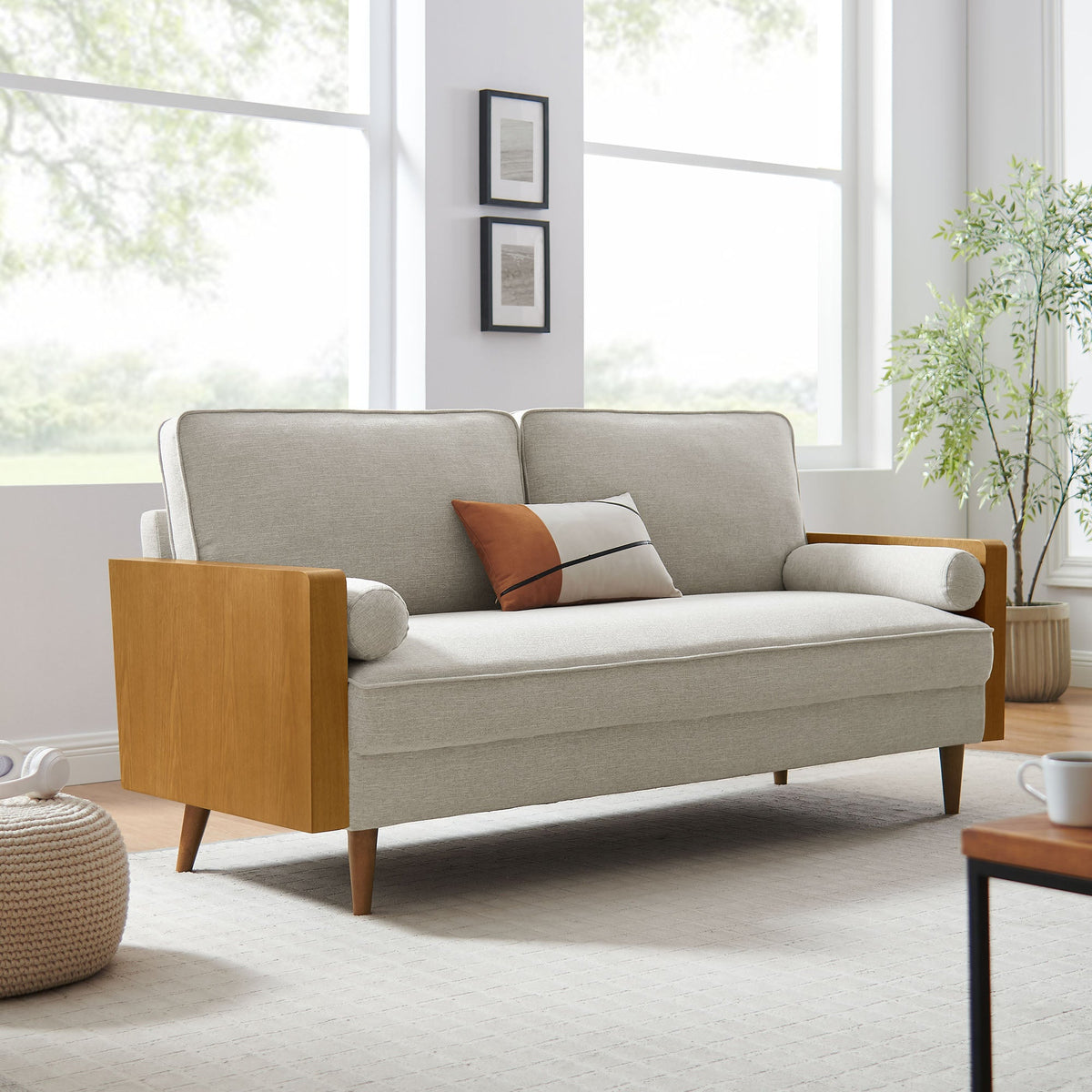 Kellan Heathered Fabric Upholstered Sofa with natural wood armrests in light gray on Tampa Home & Garden Store