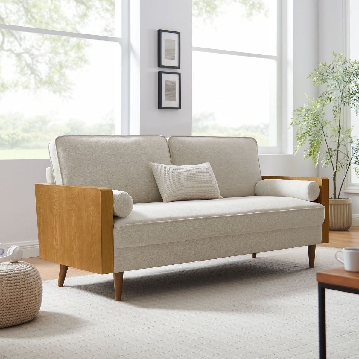 Kellan Heathered Fabric Upholstered Sofa by Modway, beige-gray fabric with wooden arms on Tampa Home & Garden Store
