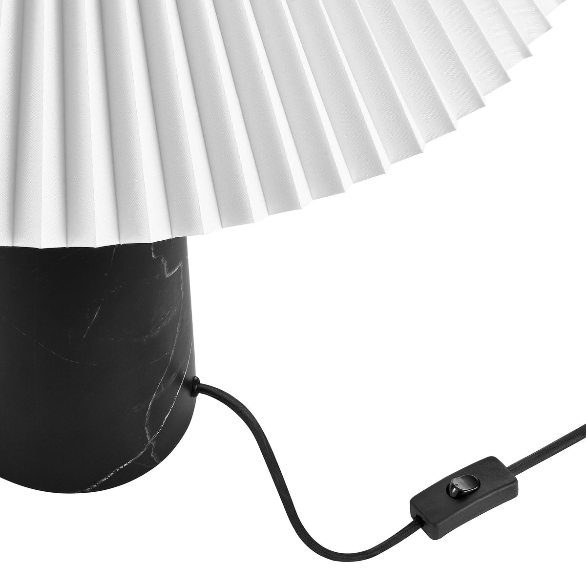 Nera marble table lamp with black veined marble base and white pleated shade inline switch on Tampa Home & Garden Store