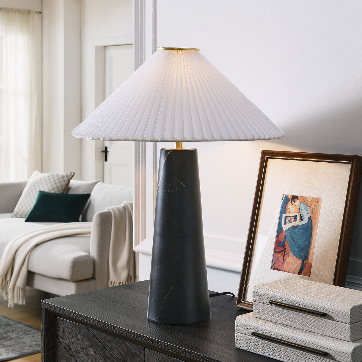 Nera Marble Table Lamp by Modway with black marble base and white pleated shade on Tampa Home & Garden Store