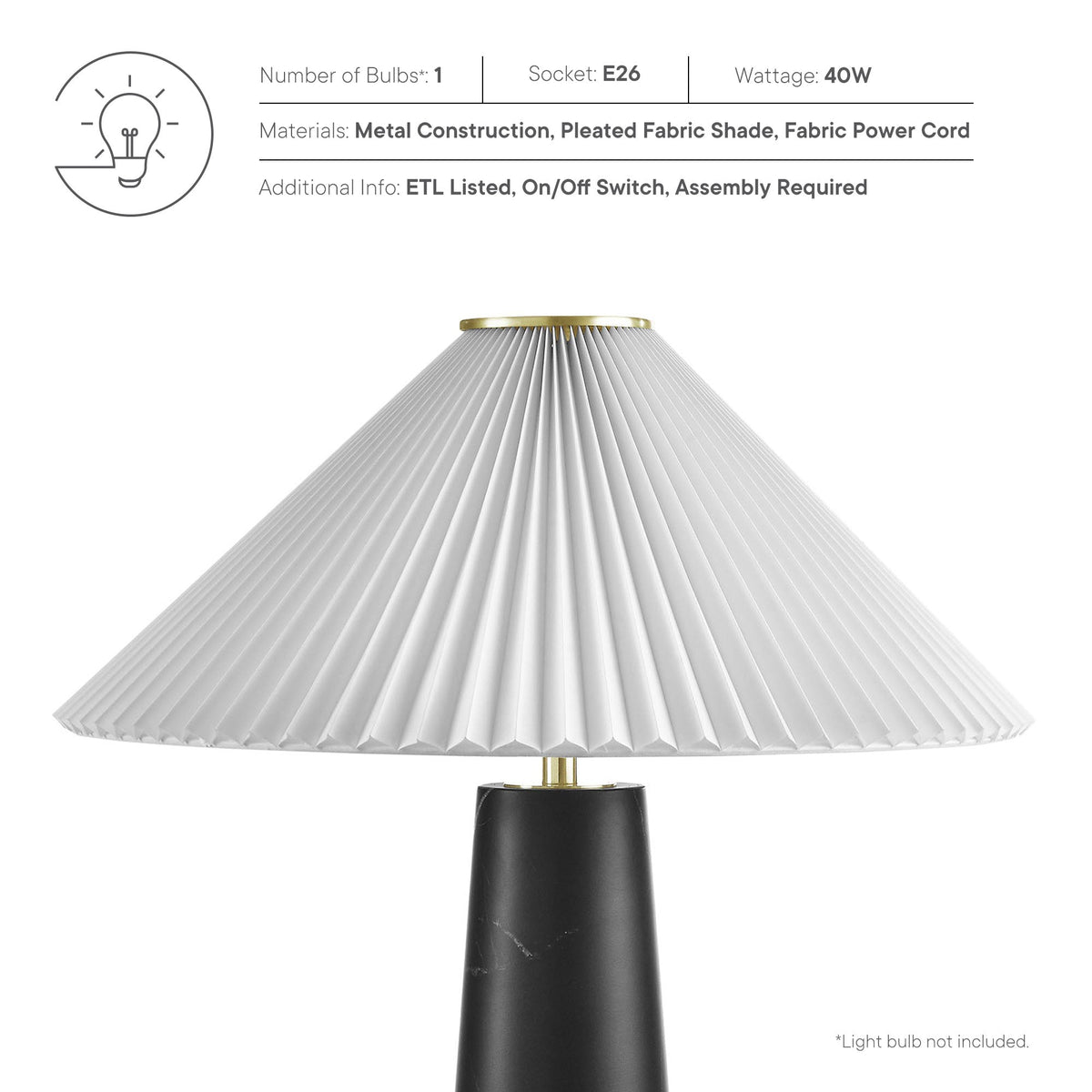 Nera Marble Table Lamp by Modway, black marble base with pleated white shade on Tampa Home & Garden Store