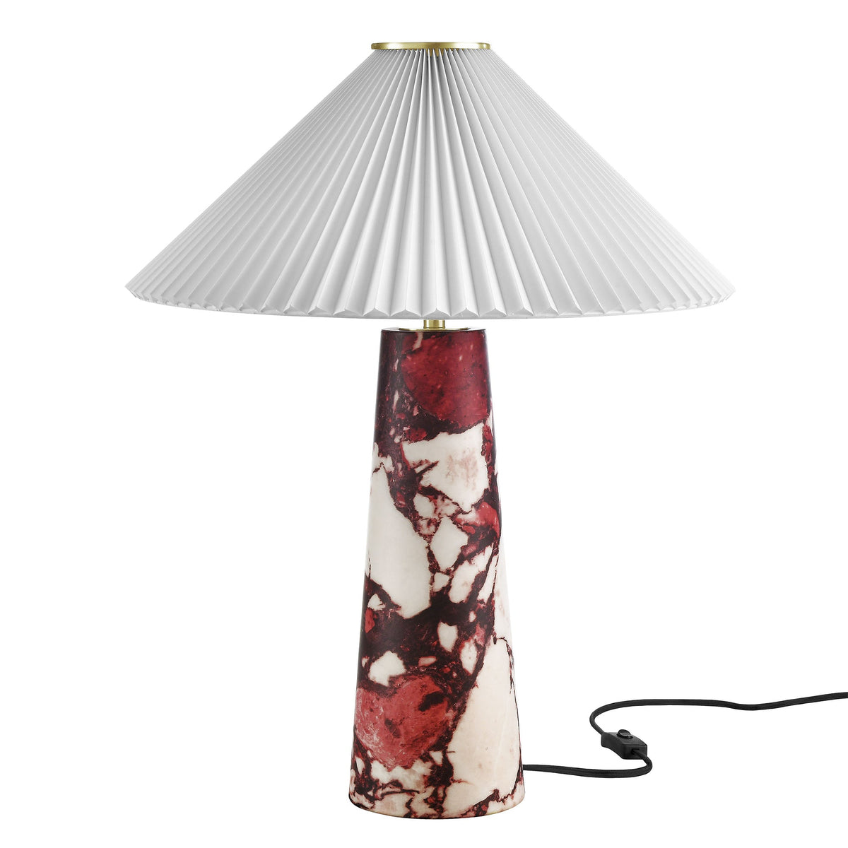 Nera Marble Table Lamp with red marble base and white pleated shade, brass accent on Tampa Home & Garden Store