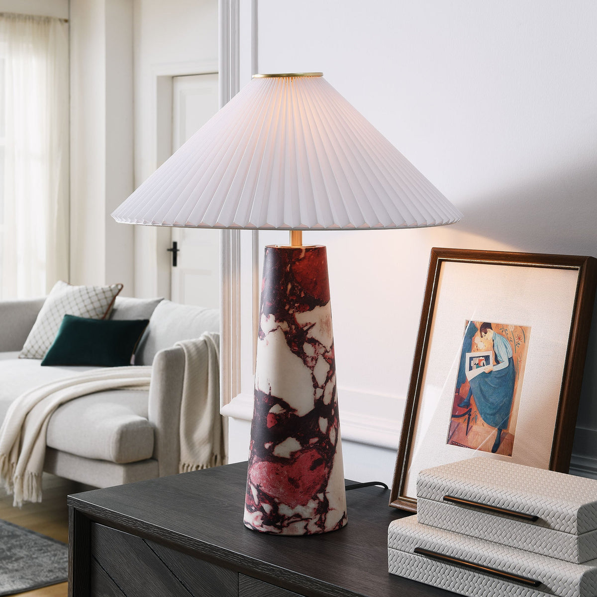 Nera Marble Table Lamp by Modway with white pleated shade on red marble base on dark wood table on Tampa Home & Garden Store