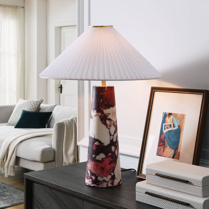 Nera Marble Table Lamp by Modway with white pleated shade on red marble base on dark wood table on Tampa Home & Garden Store
