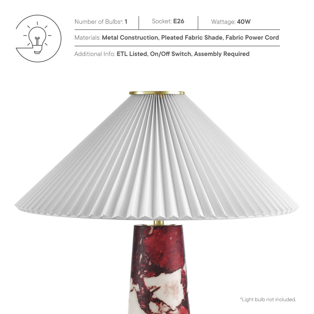 Nera Marble Table Lamp by Modway with white pleated shade, gold rim, and red marble base on Tampa Home & Garden Store