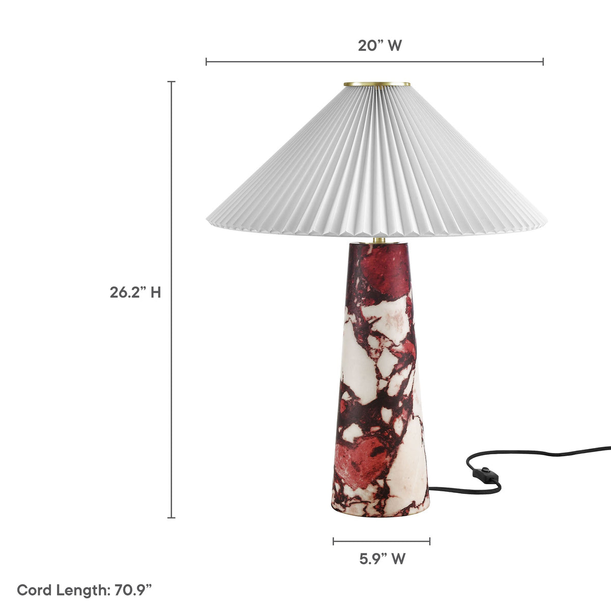 Nera Marble Table Lamp by Modway with pleated white shade and red marble base, cord on Tampa Home & Garden Store